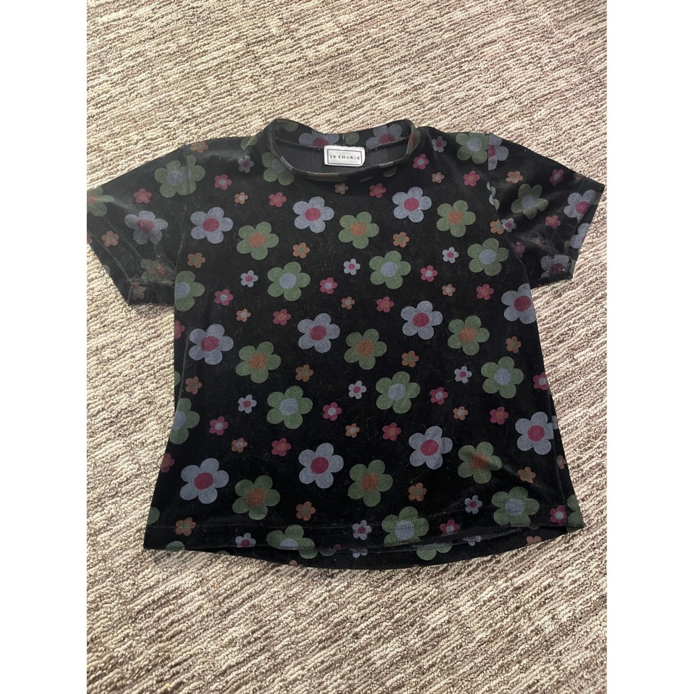 In Charge Vintage Floral Velvet Short Sleeve Top Black Medium Retro 90s USA
